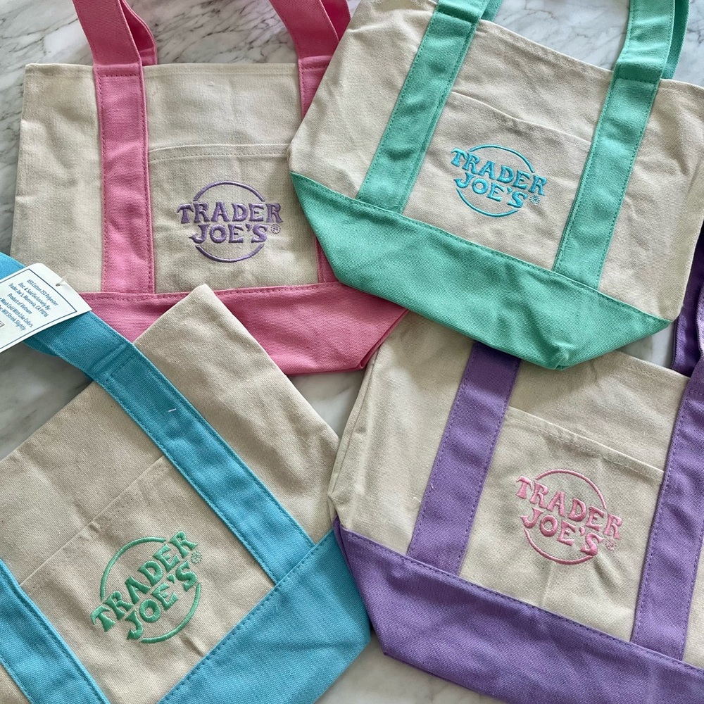 A complete set of the limited edition pastel Trader Joe’s mini canvas tote bags!